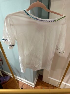 Johnny Was White Short-Sleeve Top with Multicolor Embroidered Trim